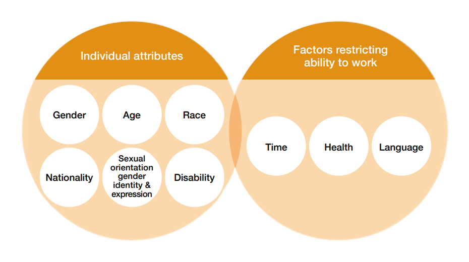 Individual attributes: Gender, Age, Race, Nationality, Sexual orientation, Gender identity & expression, Disability / Factors restricting ability to work: Time, Health, Language